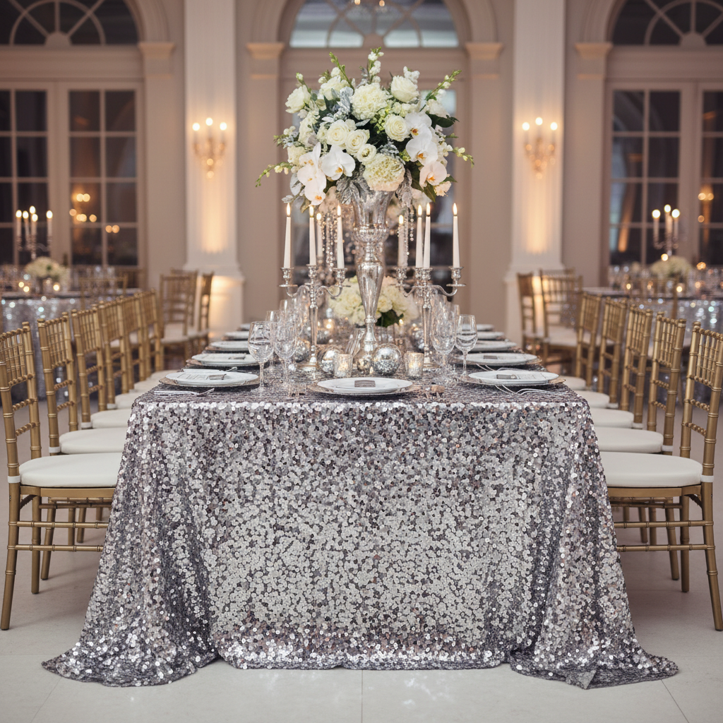 Large Payette Sequin Tablecloth 90"x132" Rectangular - Silver with Chiavari Gold Chairs.