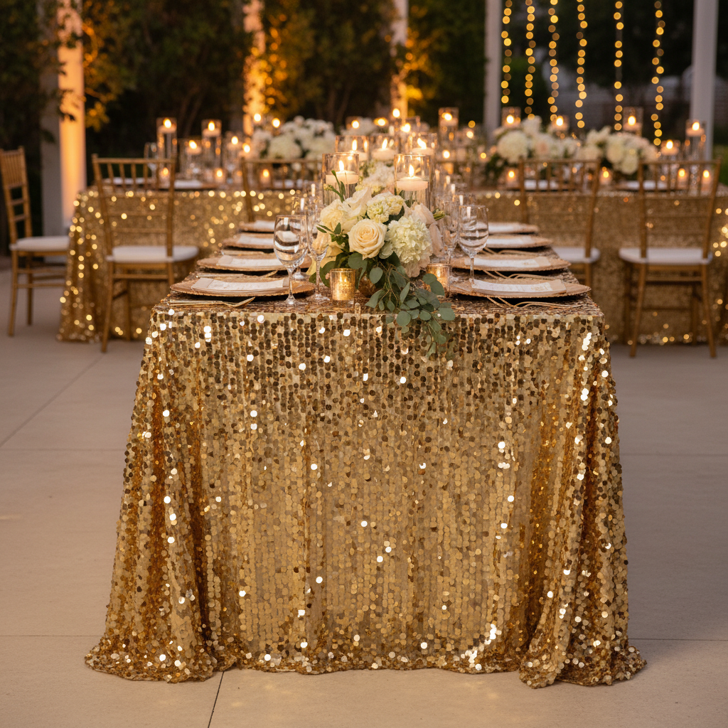 Large Payette Sequin Tablecloth 90"x156" Rectangular - Gold with Gold Chiavari Chairs.