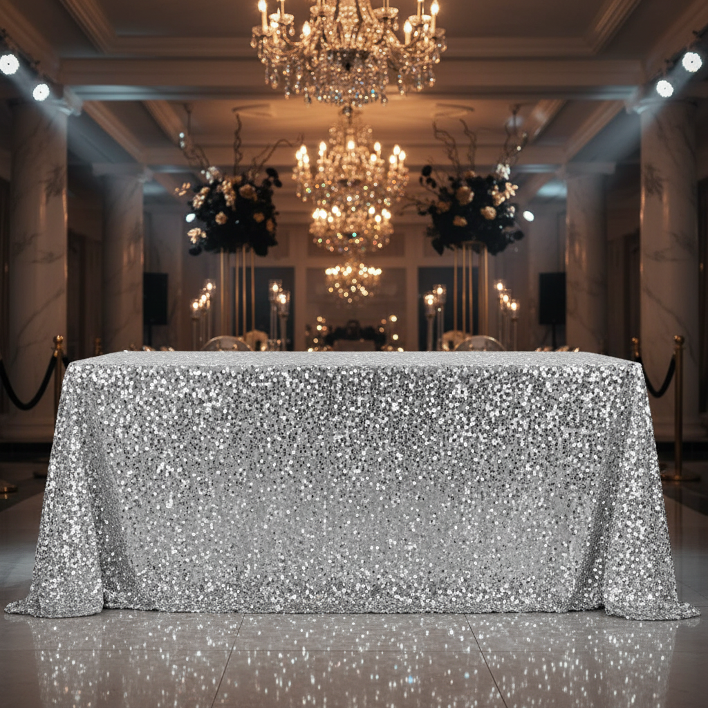 Large Payette Sequin Tablecloth 90"x156" Rectangular - Silver Indoor Reception.