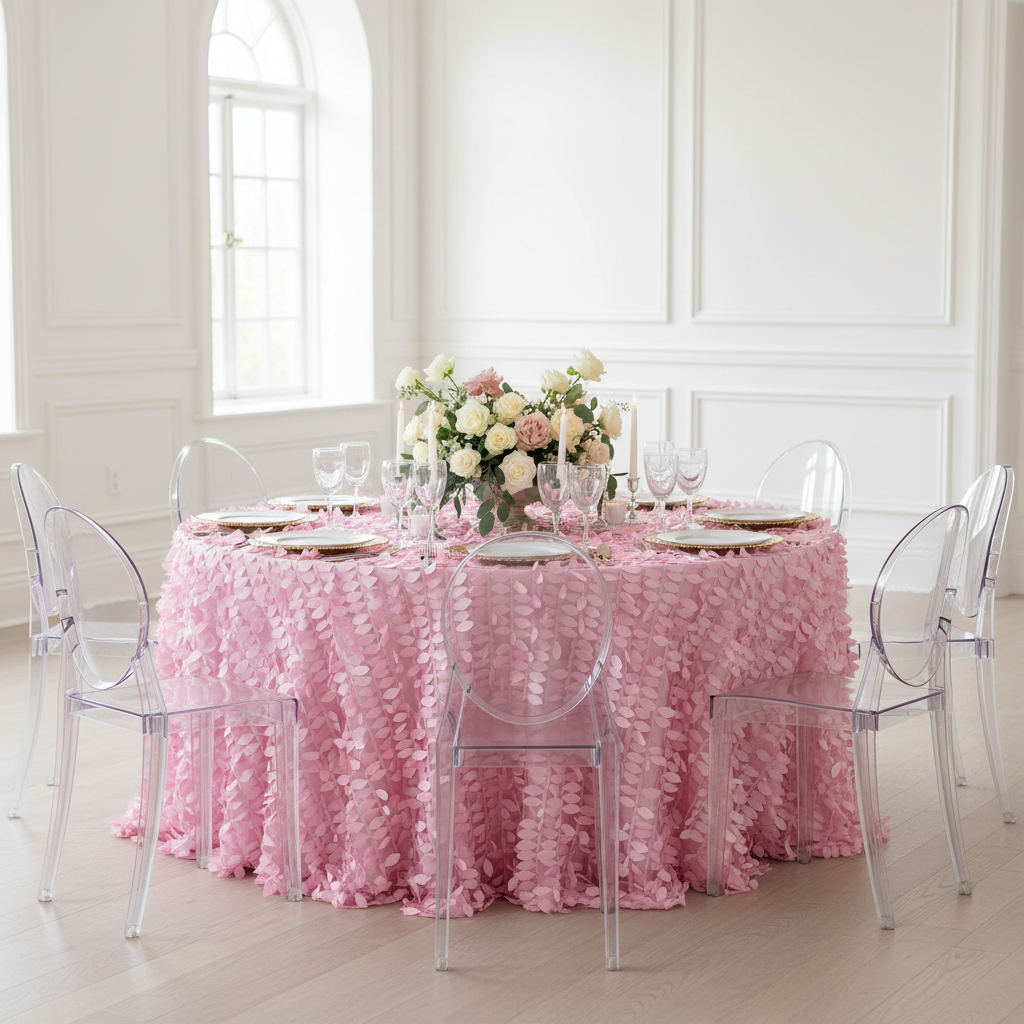 Leaf Petal Taffeta 132" Round Tablecloth - Pink.