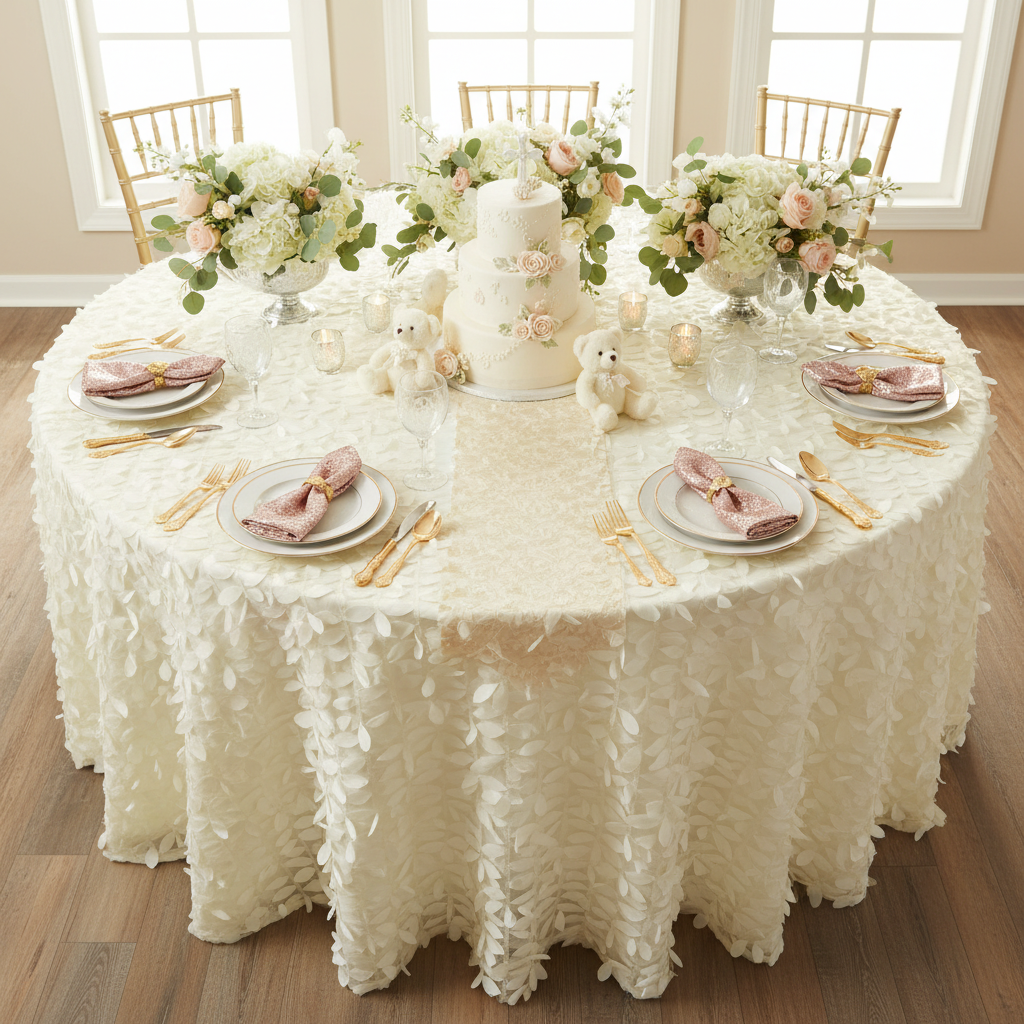 Leaf Petal Taffeta Round 120" Tablecloth - Ivory.