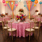 Leaf Petal Taffeta Round 120" Tablecloth - Pink with Gold Chiavari Chairs.