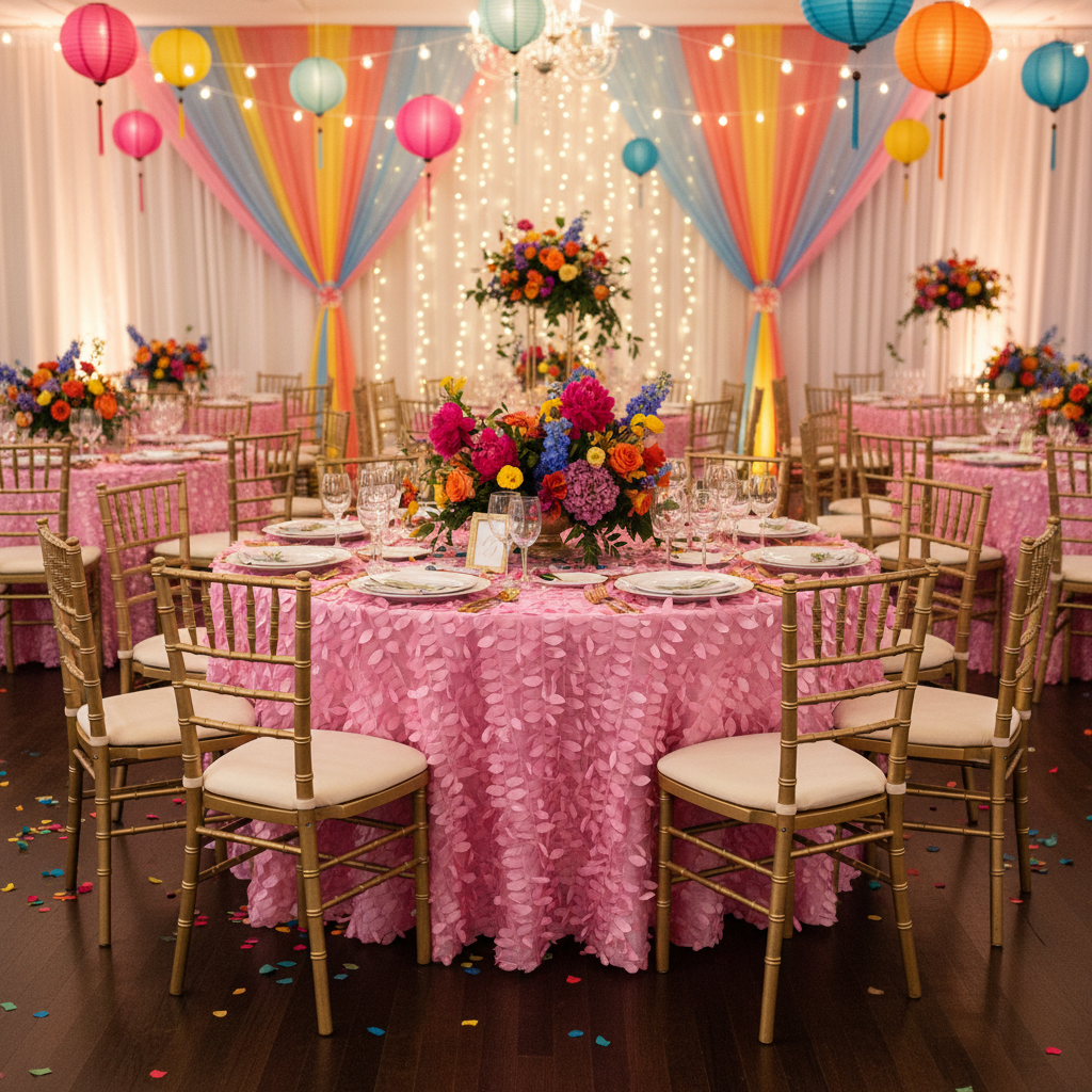 Leaf Petal Taffeta Round 120" Tablecloth - Pink with Gold Chiavari Chairs.