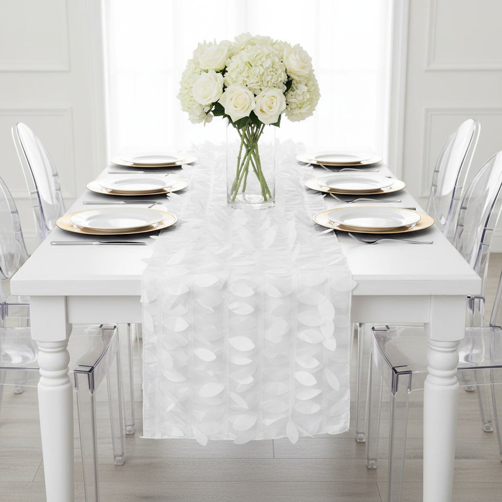 Leaf Petal Taffeta Table Runner - White.