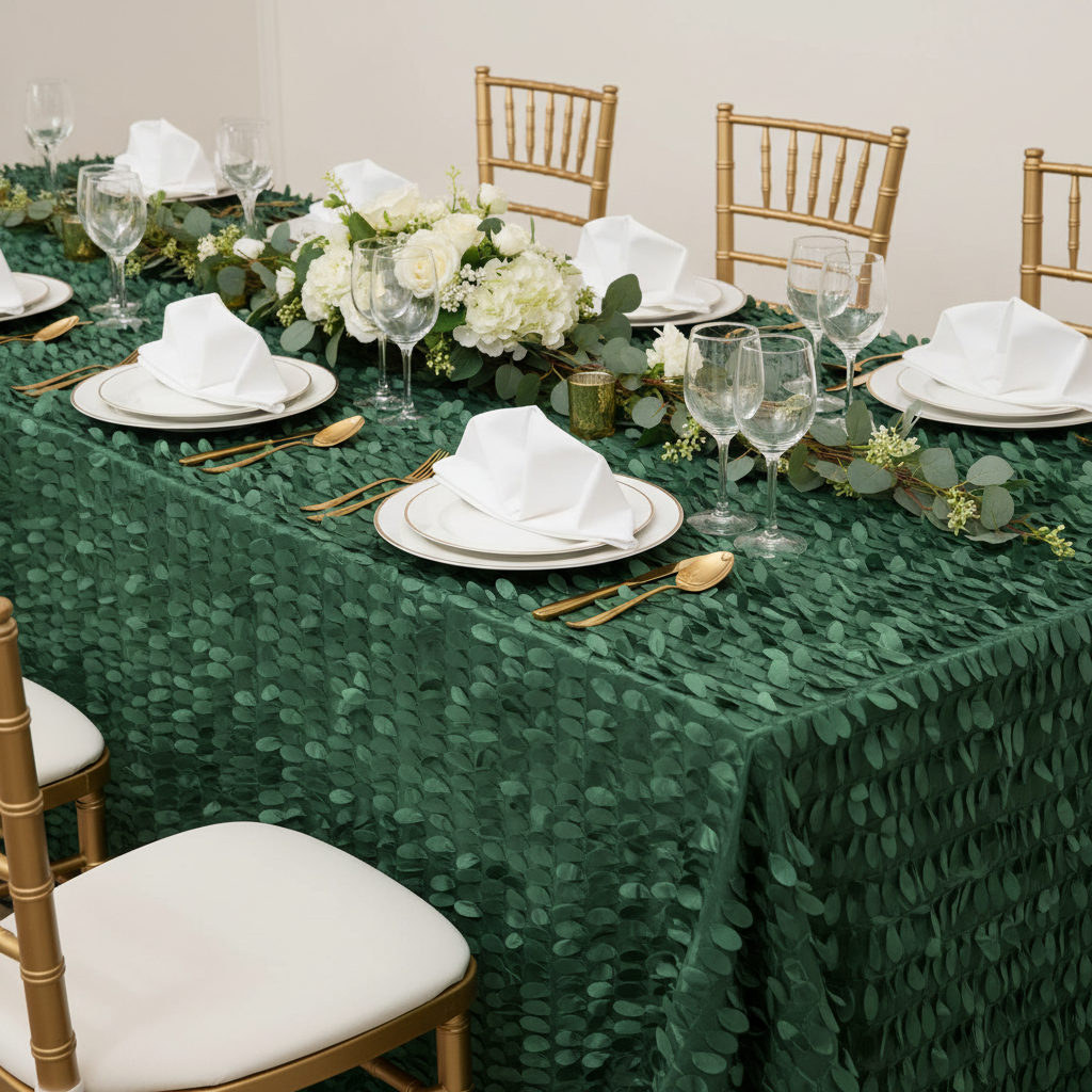 Leaf Petal Taffeta Tablecloth 90"x132" Rectangular - Emerald Green with Chiavari Chairs Gold.