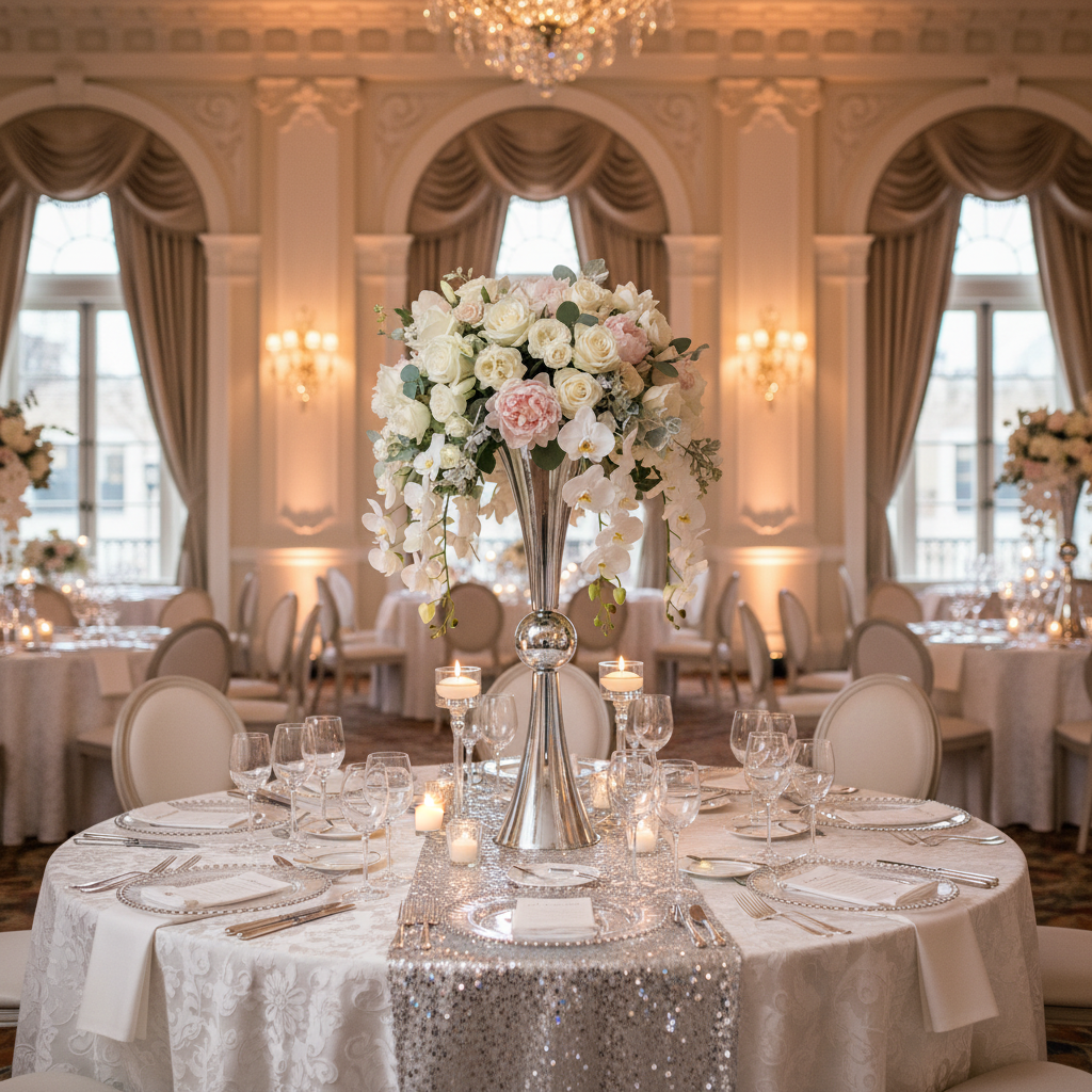 Metallic Reversible Riser Flower Centerpiece Vase 28" Tall - Silver in Indoor Wedding Reception with Round Chairs.