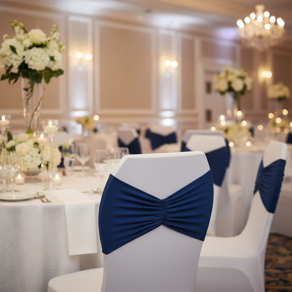Ruffled Spandex Chair Band - Navy Blue in  Ballroom Reception.