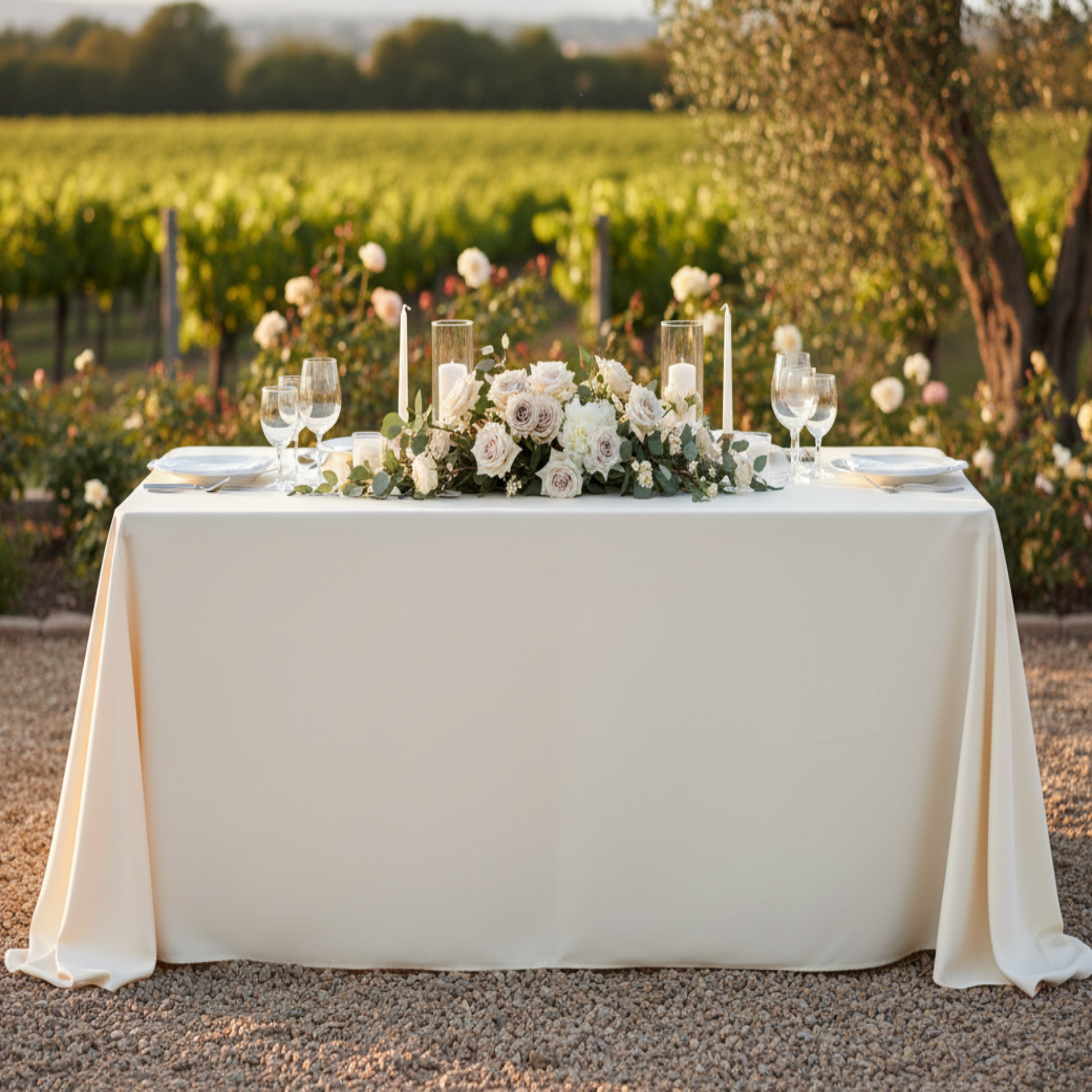 Outdoor Wedding Reception with 90x132 Lamour Satin Rectangular Oblong Ivory Tablecloth