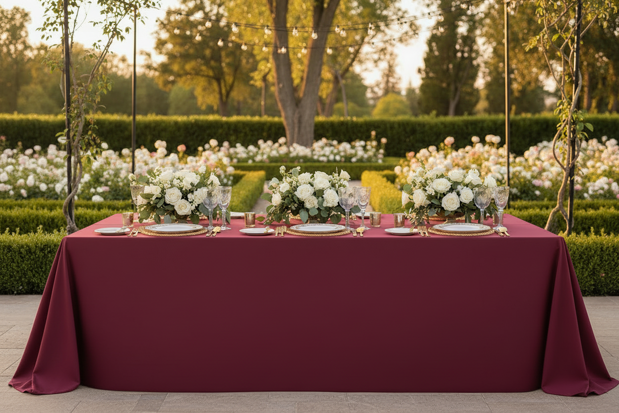Outdoor Wedding Reception with 90x132 Rectangular Burgundy Tablecloth