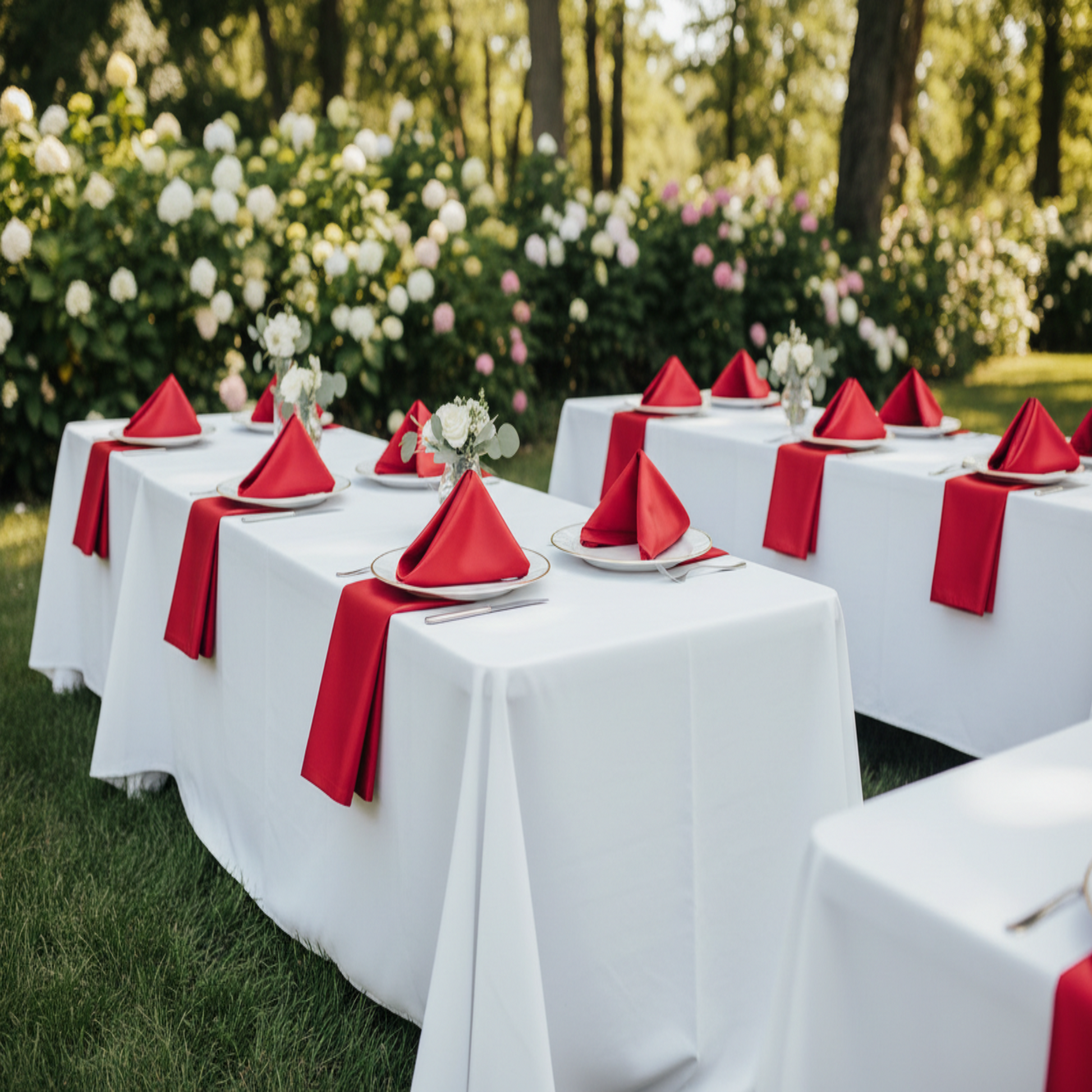 Outdoor Wedding Reception with Red Satin Napkins