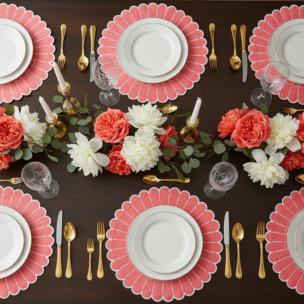Lifestyle_Overhead-15.75in-Round-LinenCottonRayon-Placemat-CoralWhite