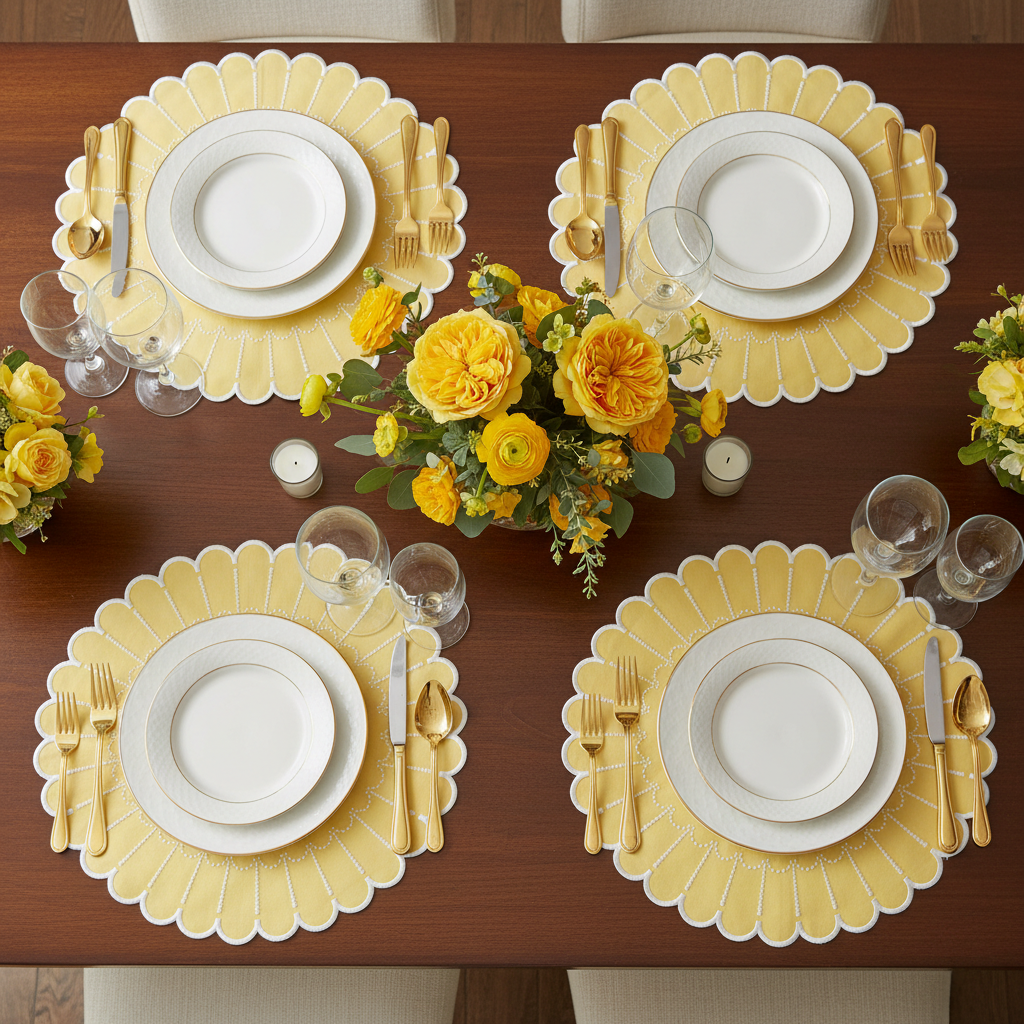 Lifestyle_Overhead-15.75in-Round-LinenCottonRayon-Placemat-PastelYellowWhite