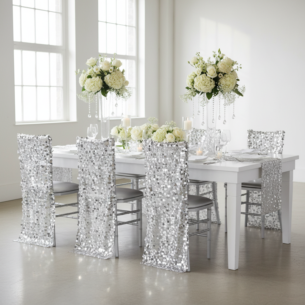 Payette Sequin Chiavari Chair Back Cover - Silver.