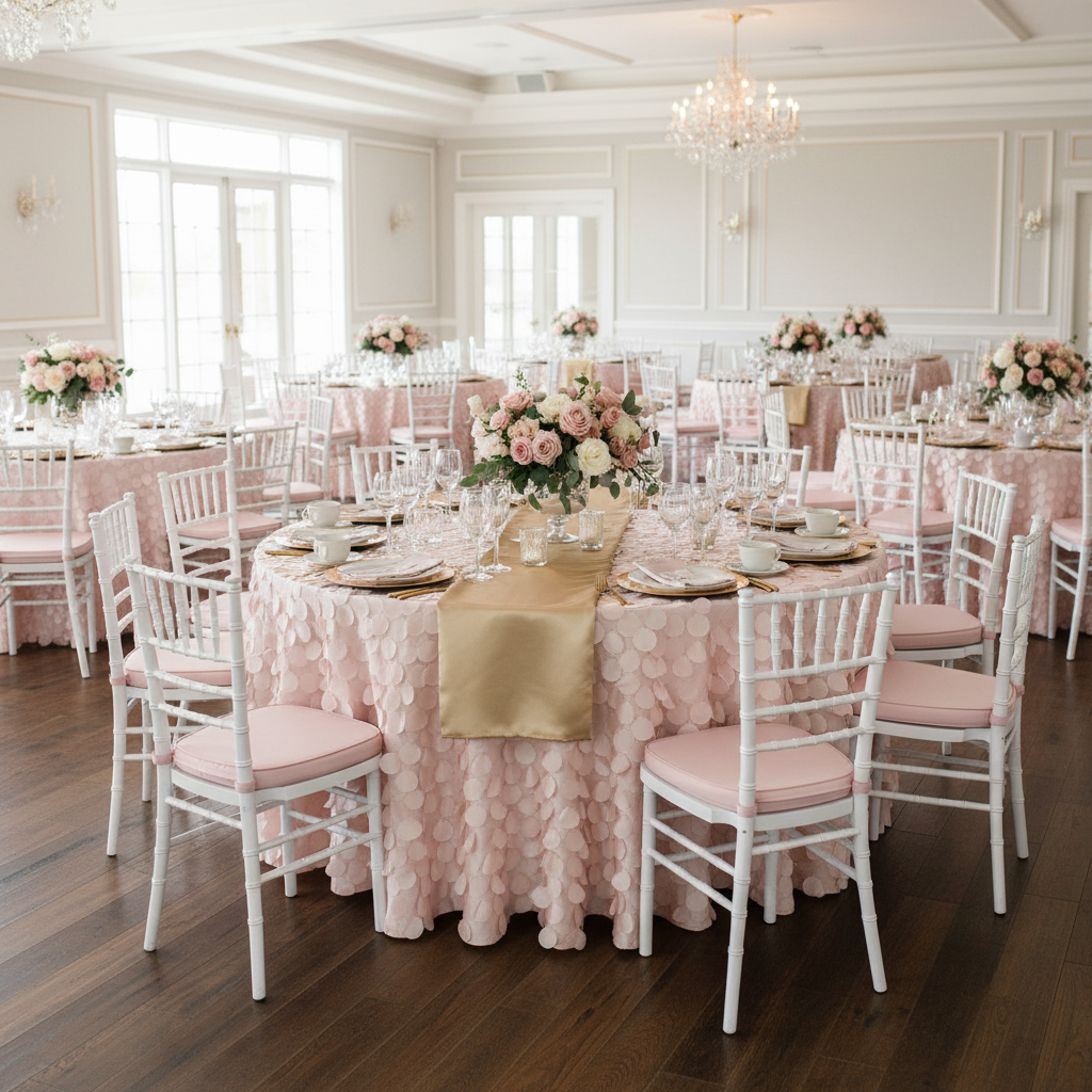 Petal Circle Taffeta Round 120" Tablecloth - Blush/Rose Gold.