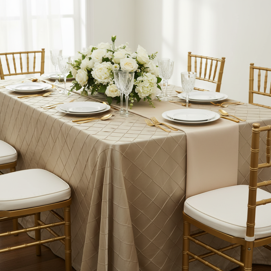 Pintuck 90"x132" Rectangular Tablecloth - Champagne.