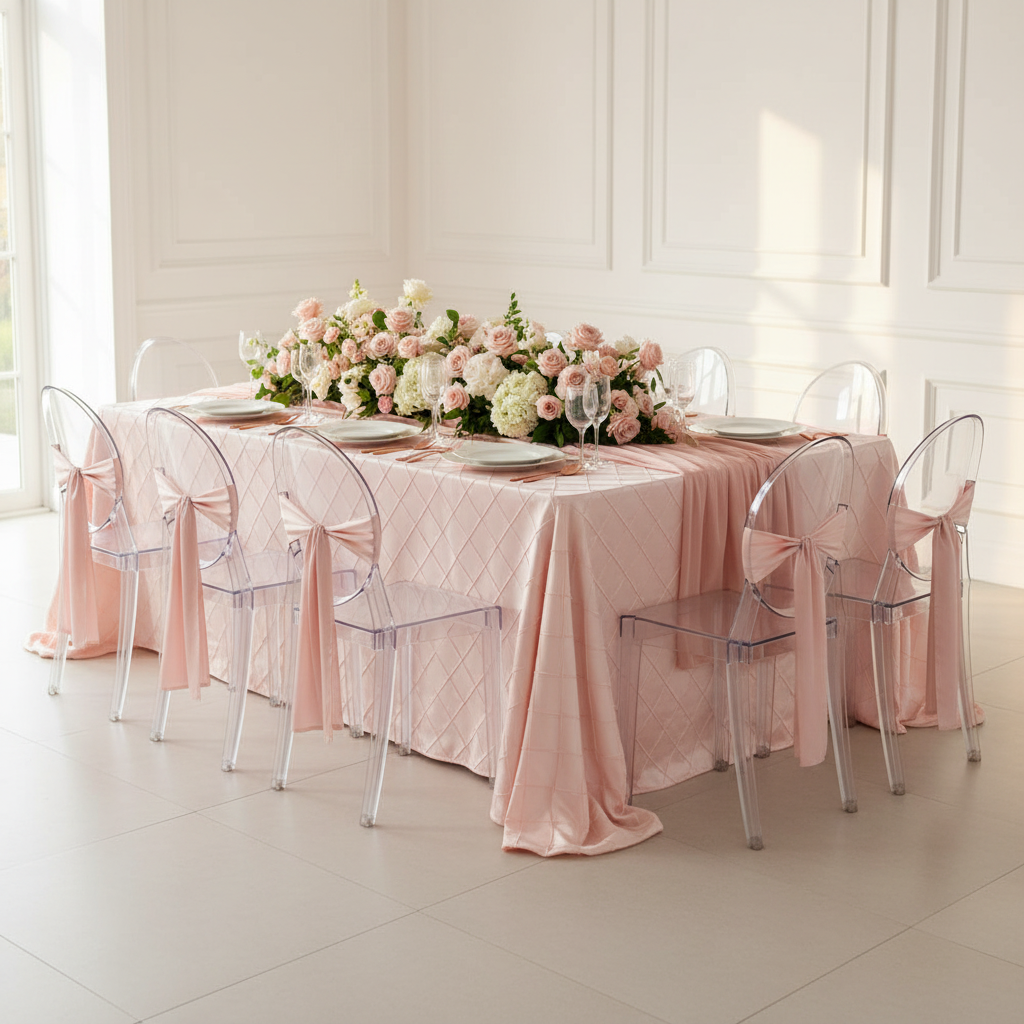 Pintuck 90"x156" Rectangular Tablecloth - Blush/Rose Gold.