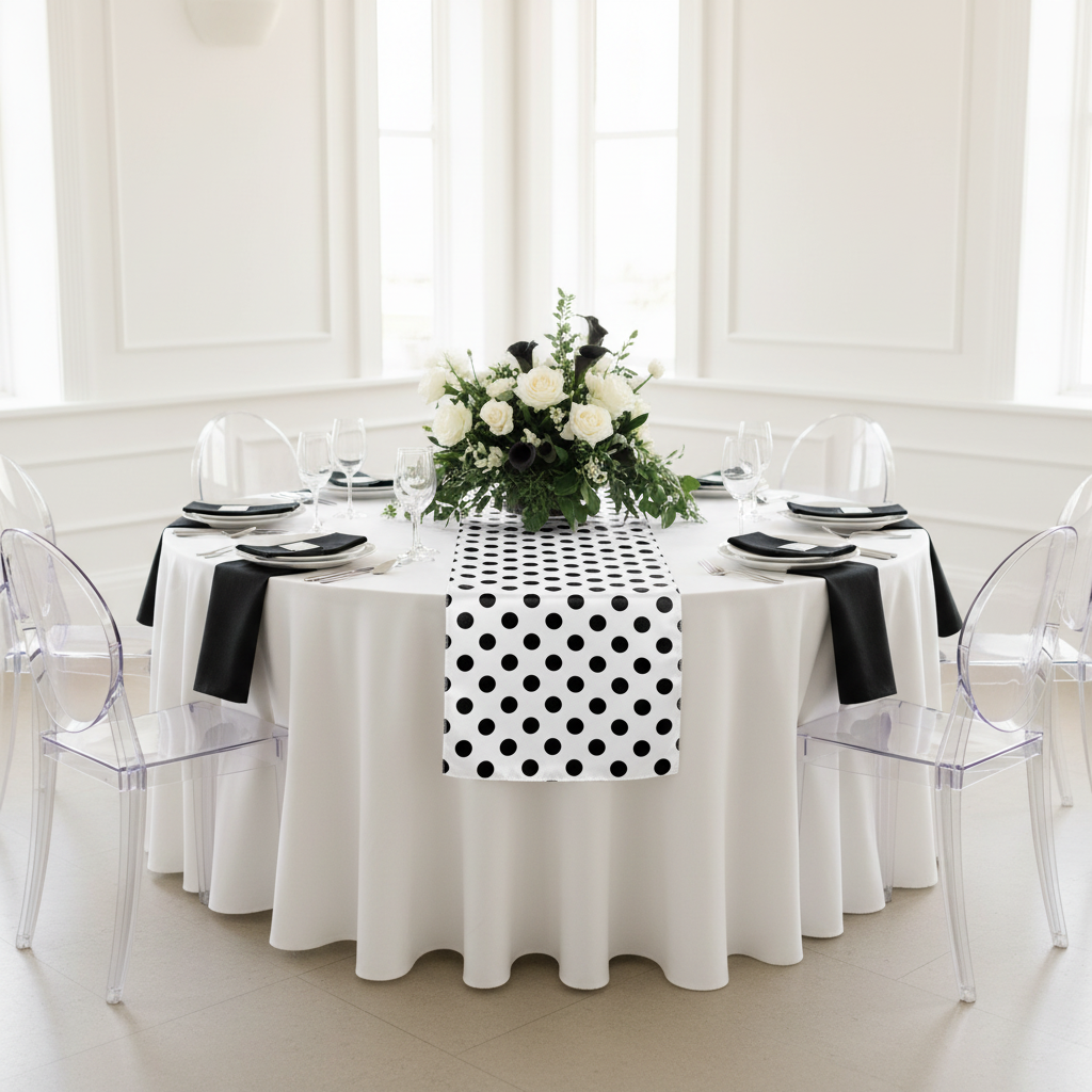 Polka Dot Satin Table Runner - Black & White.