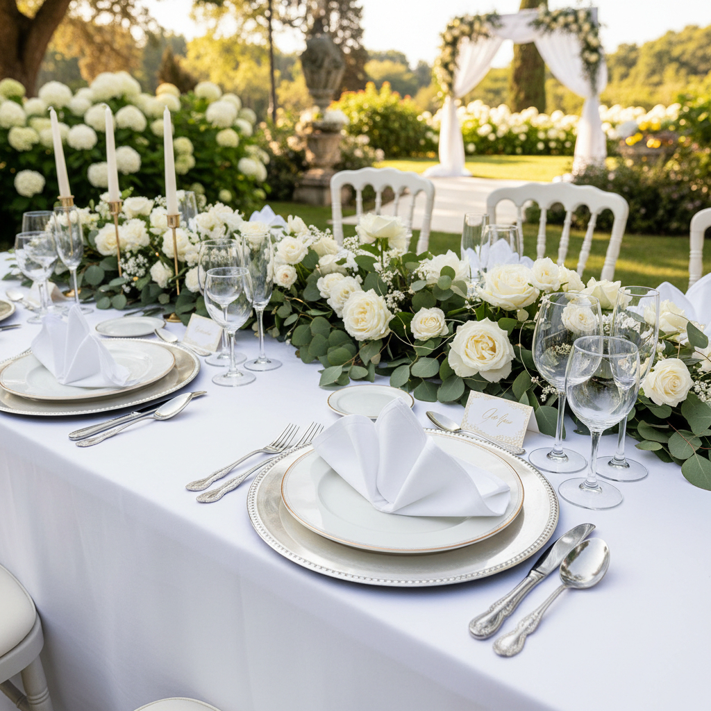 Economy Polyester Napkin 20"x20" - White in Outdoor Wedding Reception with Tables and Chairs.
