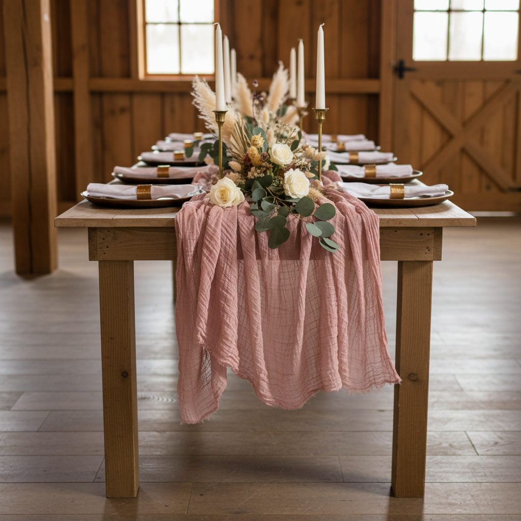 Premium Cheesecloth Table Runner 16FT x 25" - Dusty Rose/Mauve in Rustic Reception.