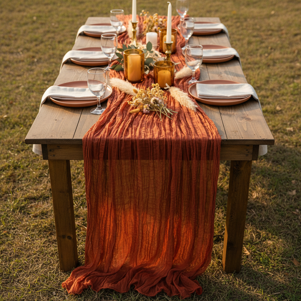 Premium Cheesecloth Table Runner 16FT x 25" - Rust in Outdoor Rustic Reception