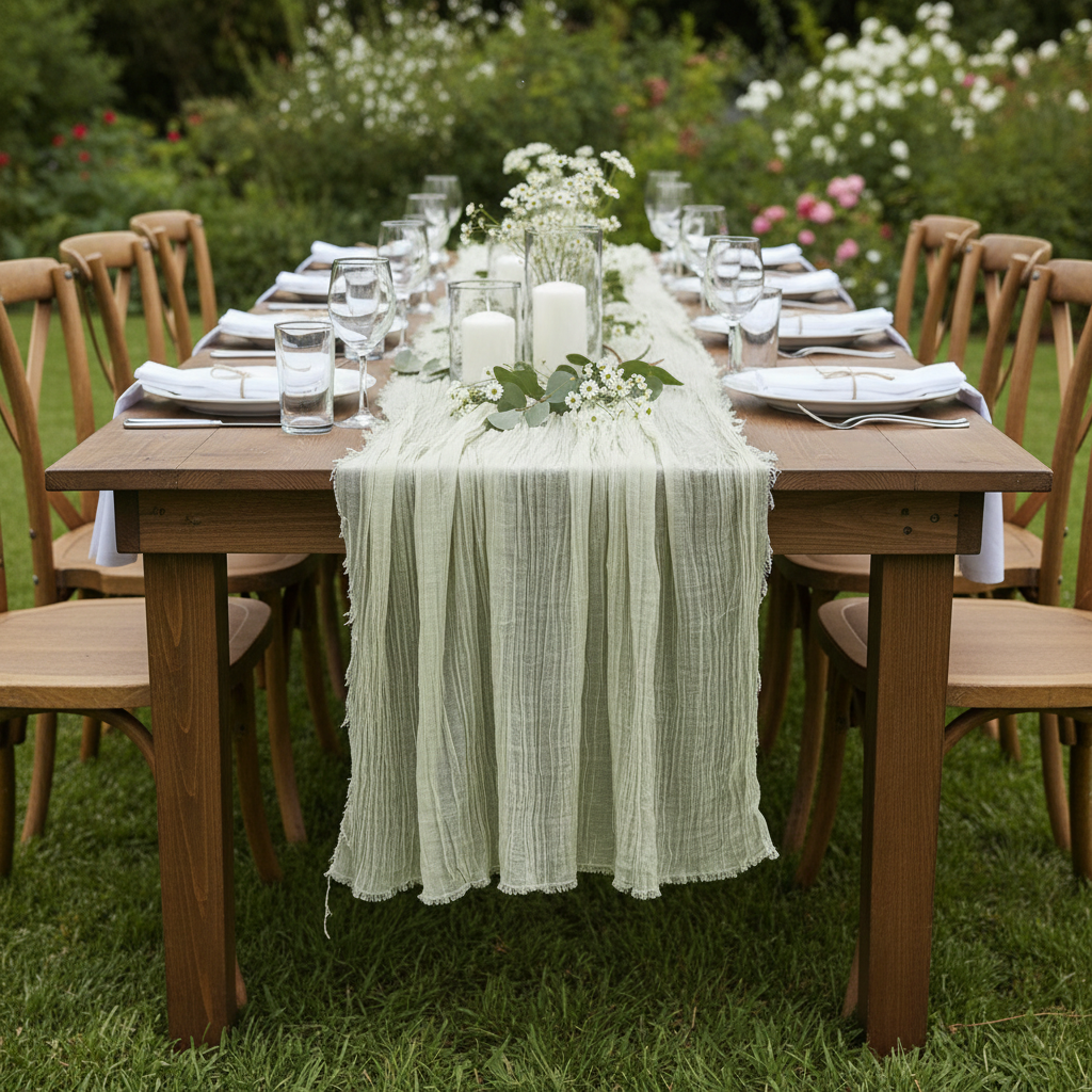Premium Cheesecloth Table Runner 16FT x 25" - Sage Green in Outdoor Reception.