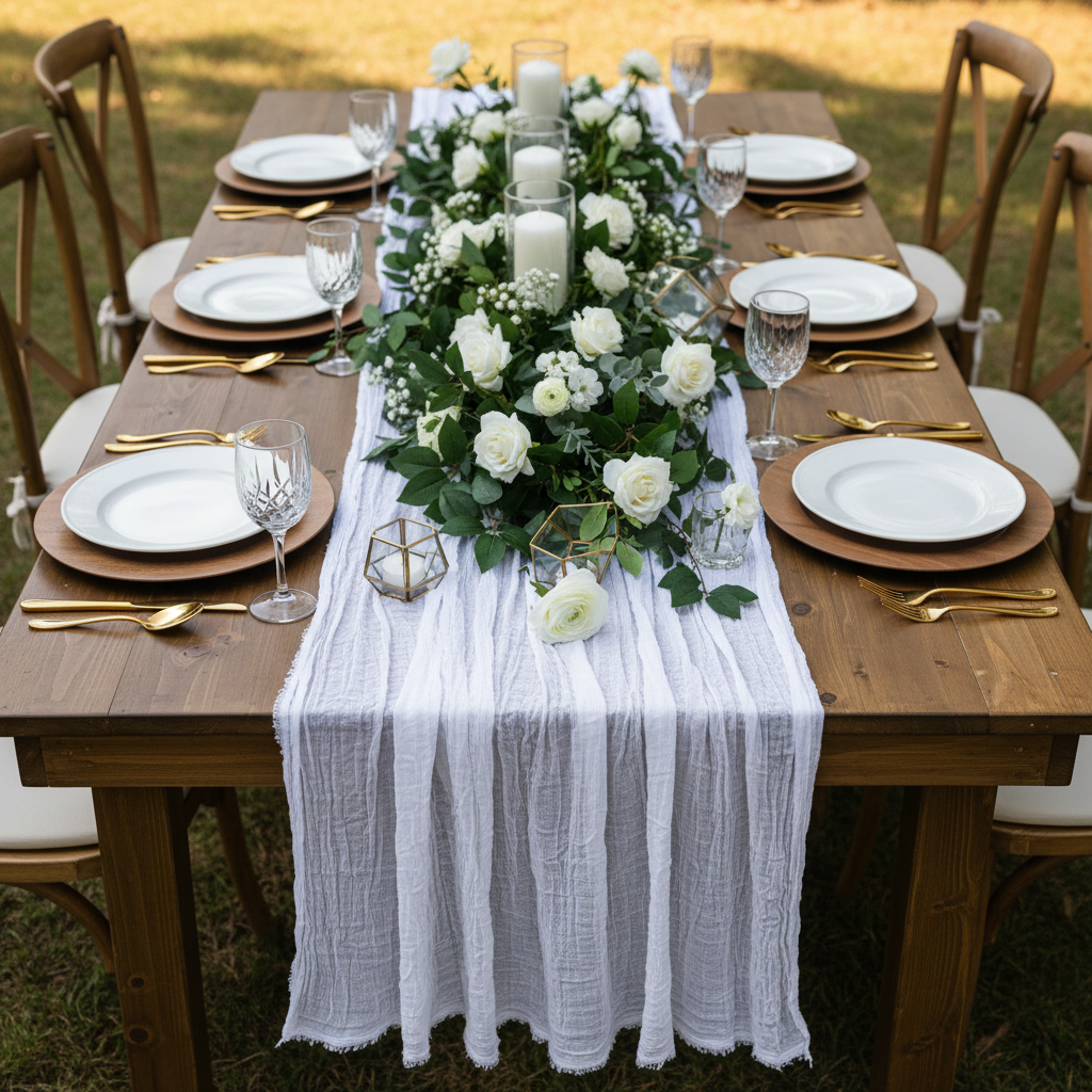 Premium Cheesecloth Table Runner 16FT x 25" - White in Outdoor Wedding Reception