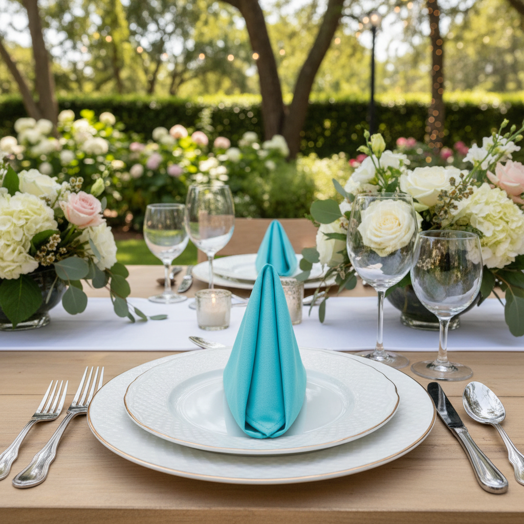 Premium Polyester Napkin 20"x20" - Aqua Blue in Outdoor Reception.