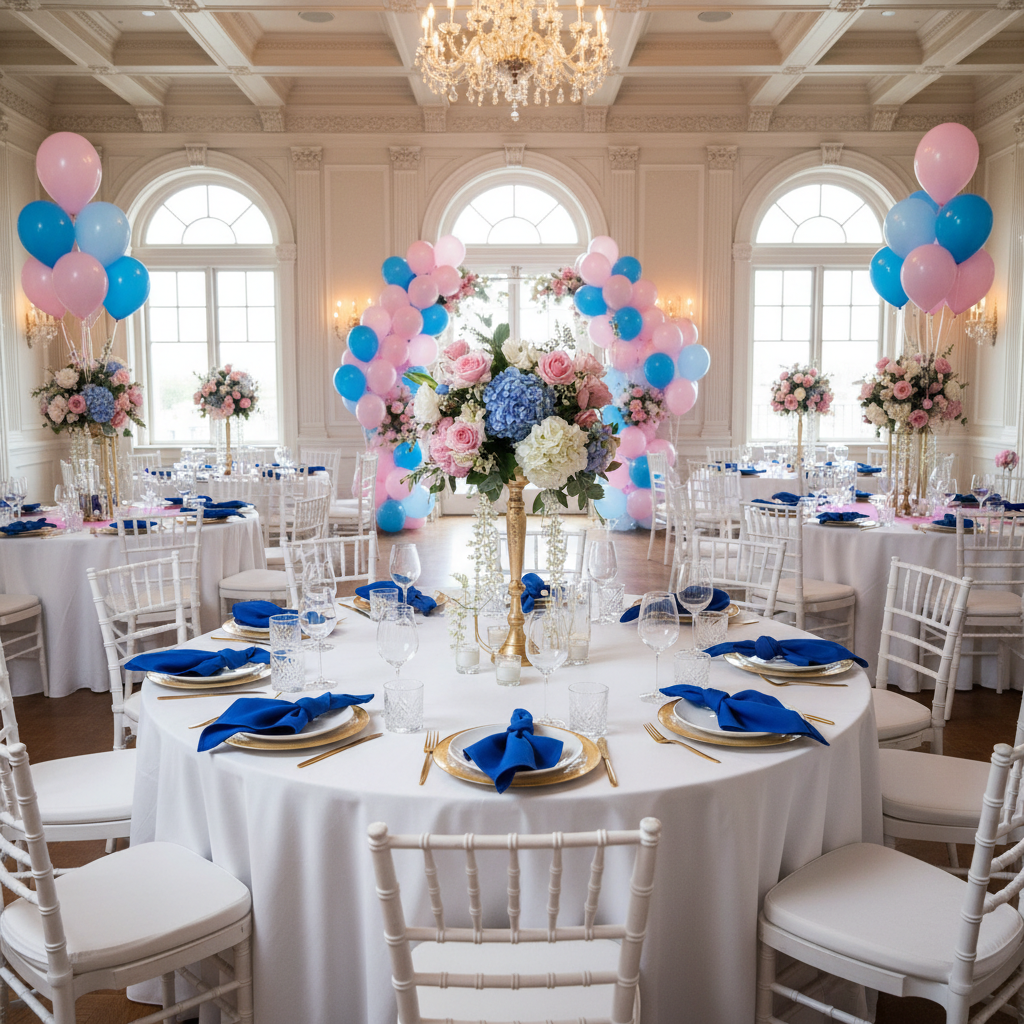 Premium Polyester Napkin 20"x20" - Royal Blue with Chiavari White Chairs.
