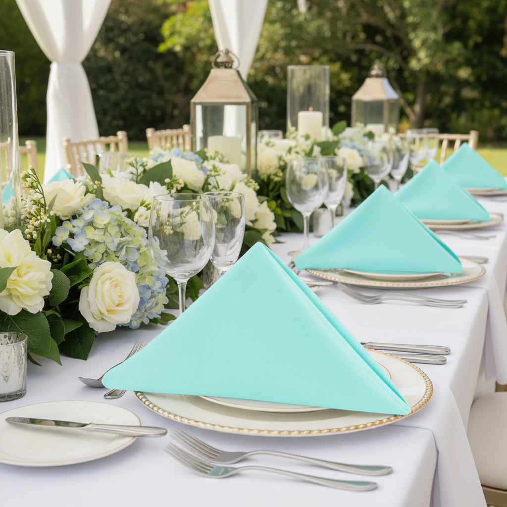 Premium Polyester Napkin 20"x20" - Turquoise with Chiavari Chairs.