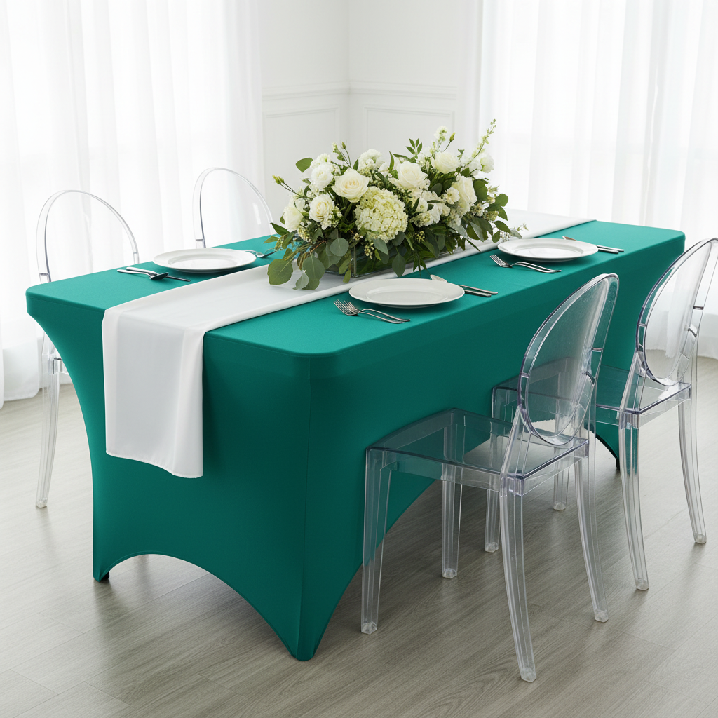 Rectangular 6 FT Spandex Table Cover - Emerald Green.