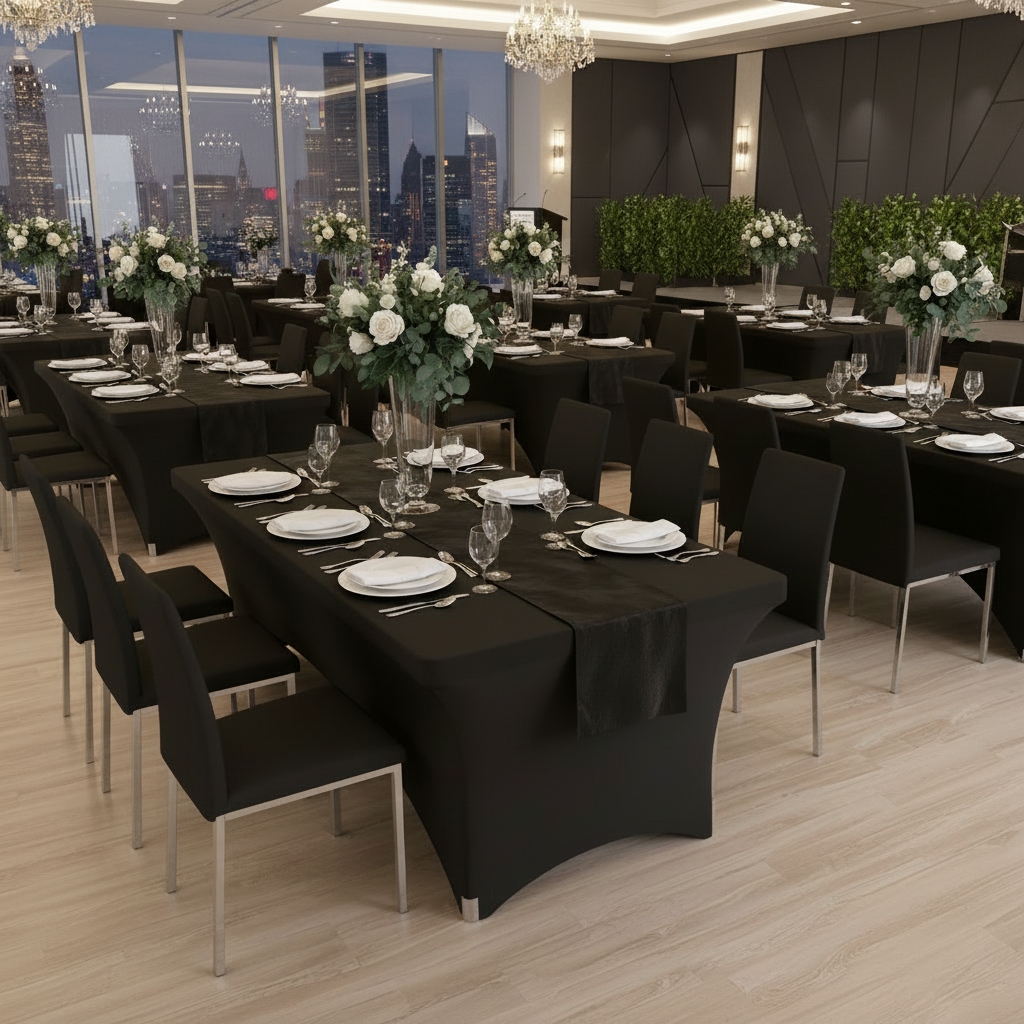 Rectangular 8 FT Spandex Table Cover - Black in Corporate Event Reception.