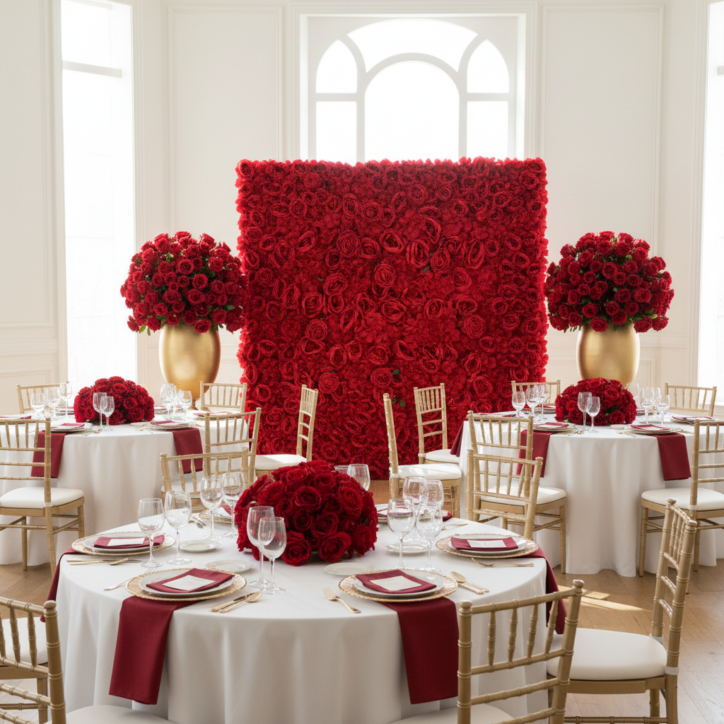 Roll Up Flower Wall Backdrop 8ft x 4ft - Red with Gold Chiavari Chairs.