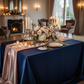 Satin 90x156 Rectangular Navy Blue Tablecloth with Blush Rose Gold Runner