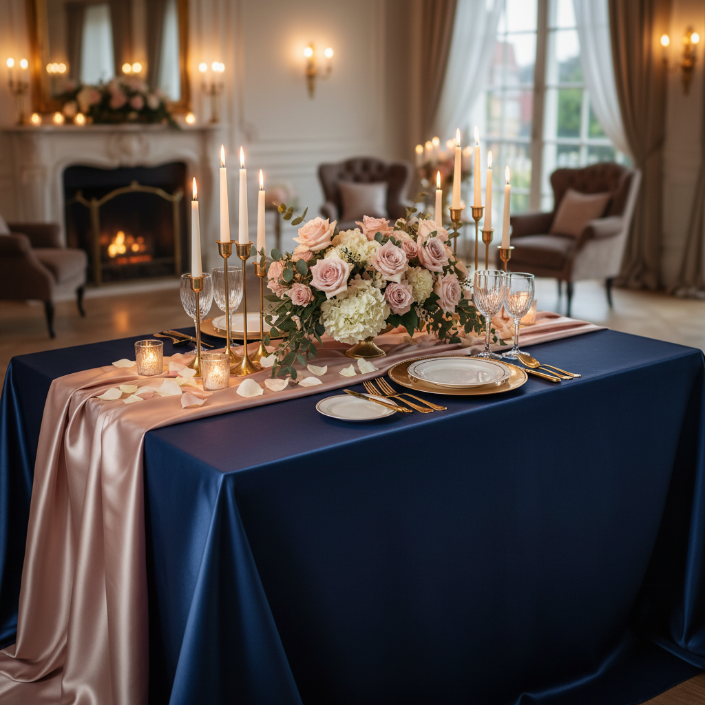 Satin 90x156 Rectangular Navy Blue Tablecloth with Blush Rose Gold Runner