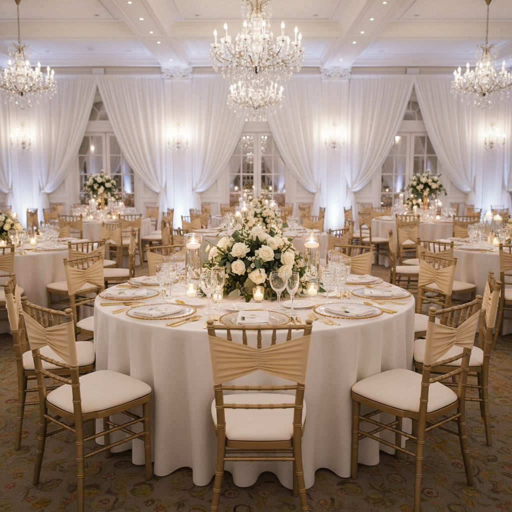 Ruffled Spandex Chair Band - Champagne with Chiavari Gold Chairs.