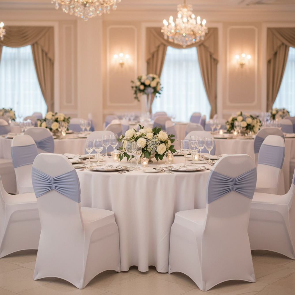 Ruffled Spandex Chair Band - Dusty Blue in Wedding Reception.