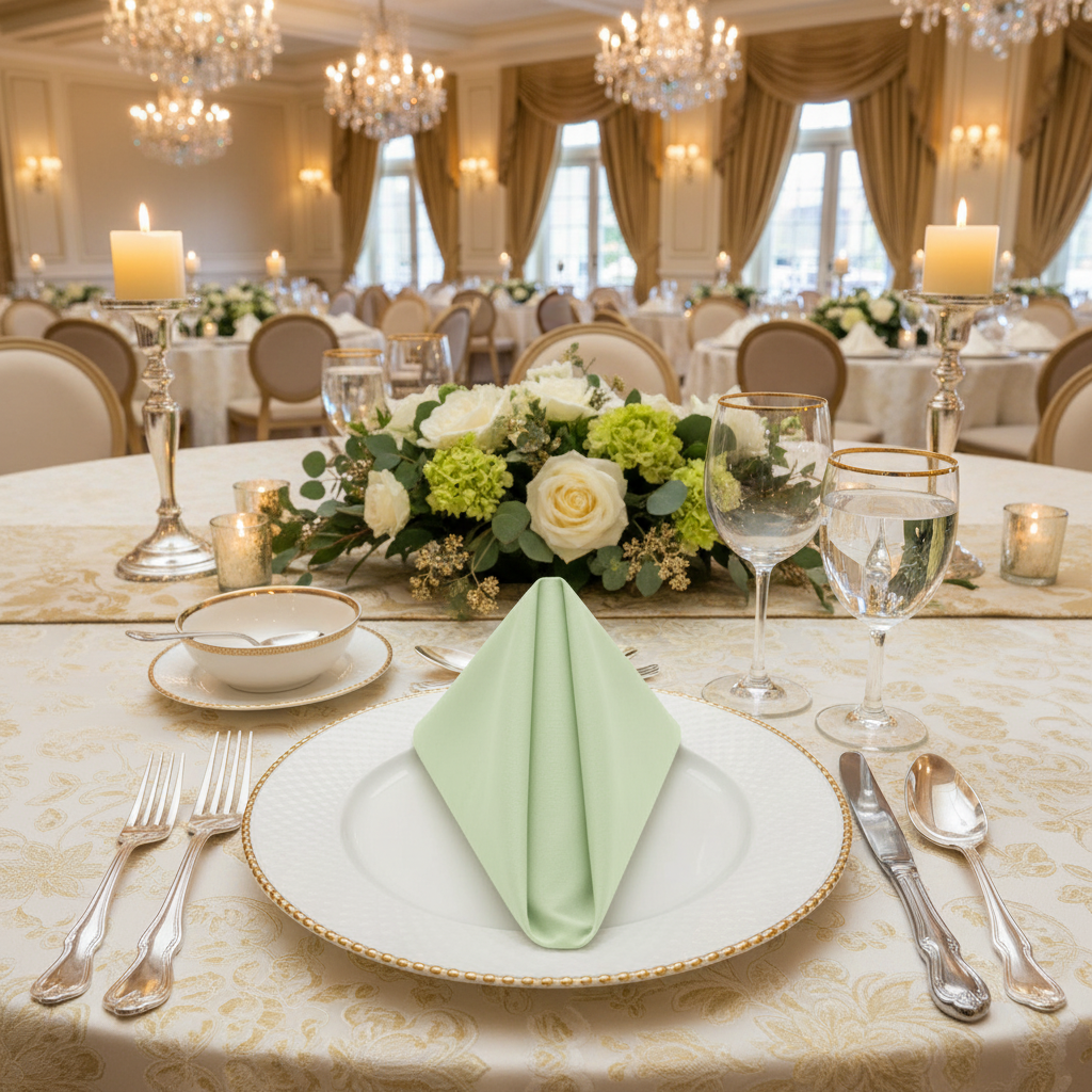 17"x17" Premium Polyester Napkin - Sage Green with Oval Gold Chairs.