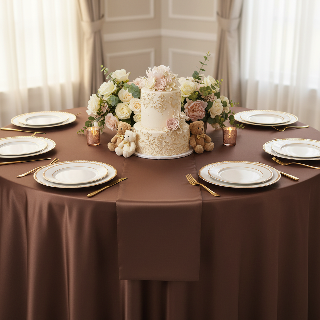 Satin 108" Round Tablecloth - Chocolate Brown.