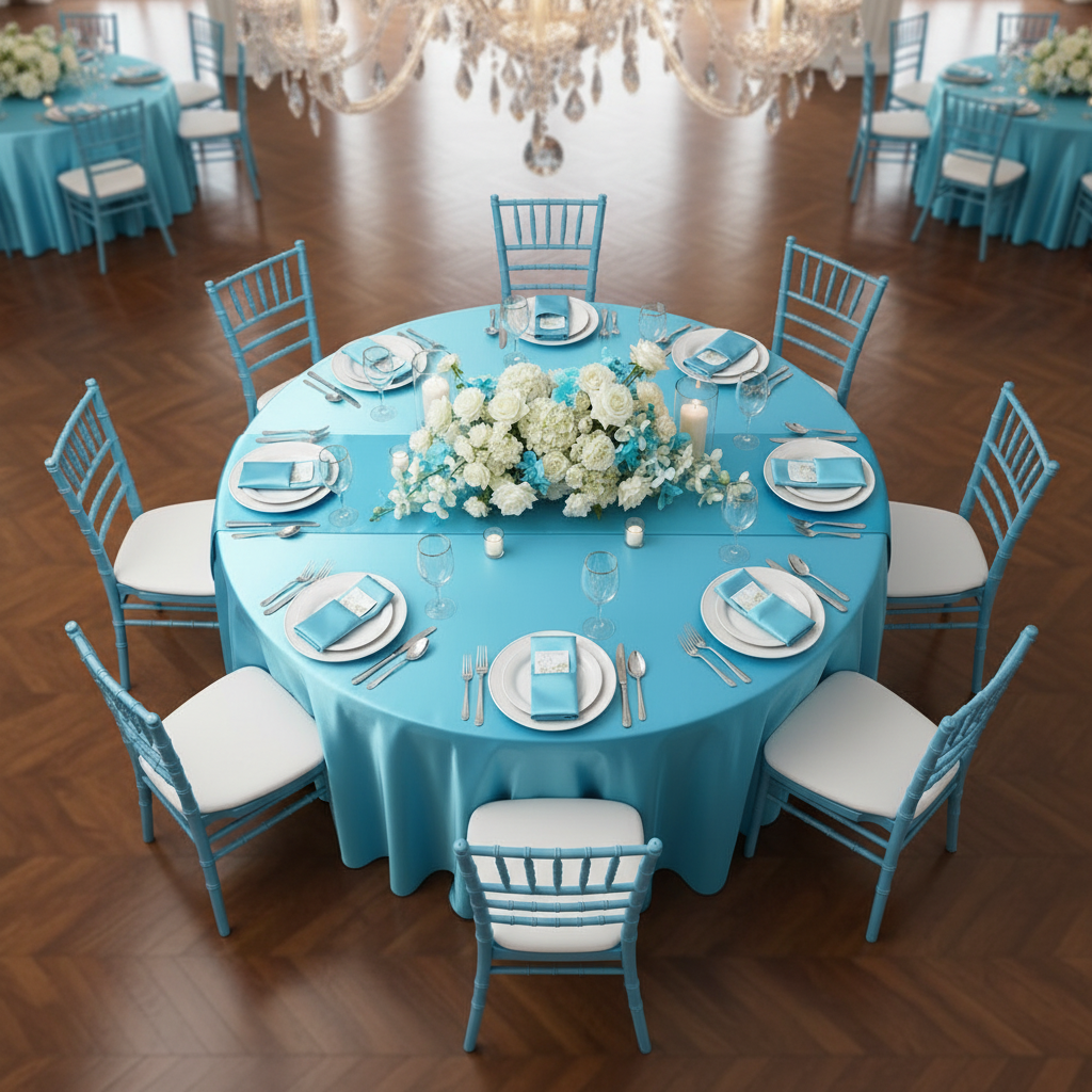 Satin 120" Round Tablecloth - Aqua Blue.