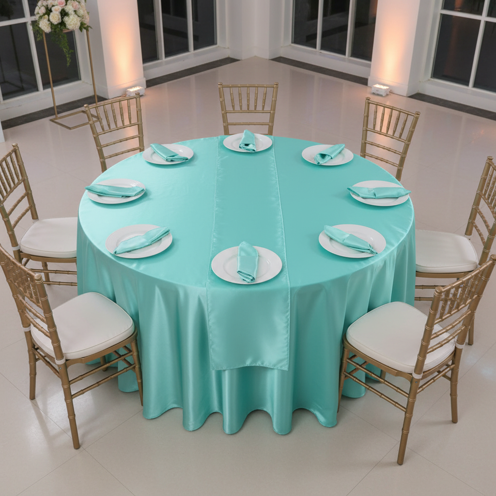 Satin 120" Round Tablecloth - Light Turquoise.