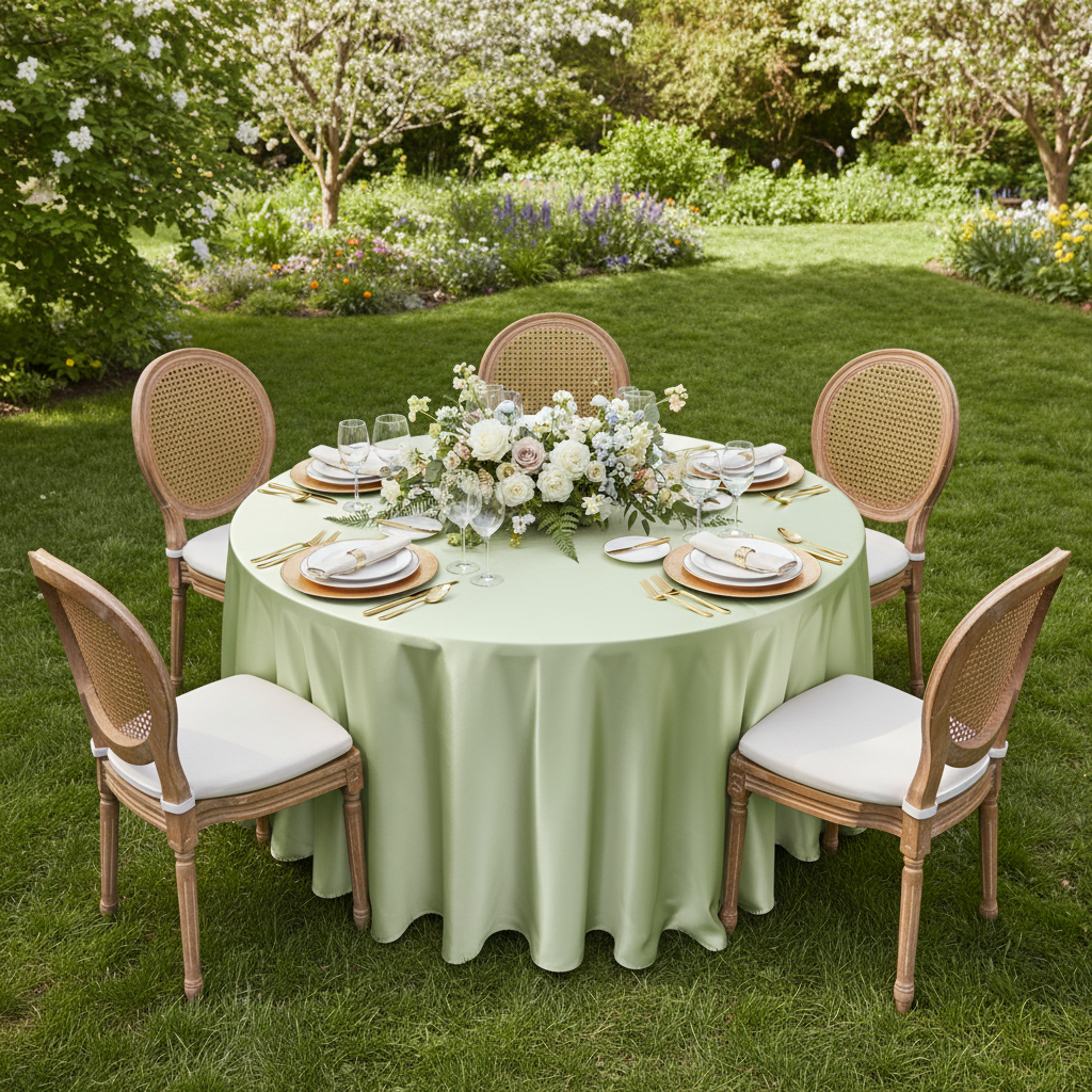 Satin 120" Round Tablecloth - Sage Green in Outdoor Spring Reception.