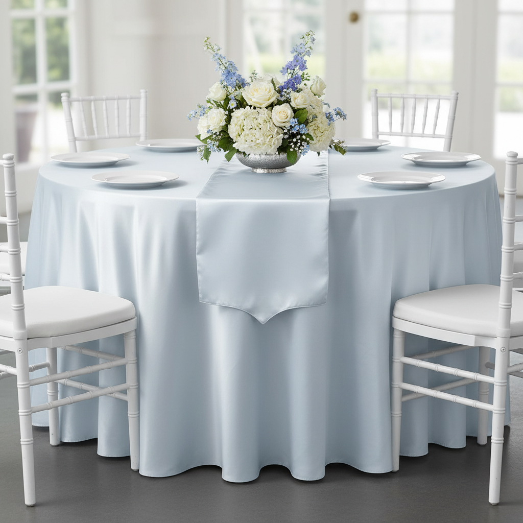 Satin 132" Round Tablecloth - Dusty Blue.