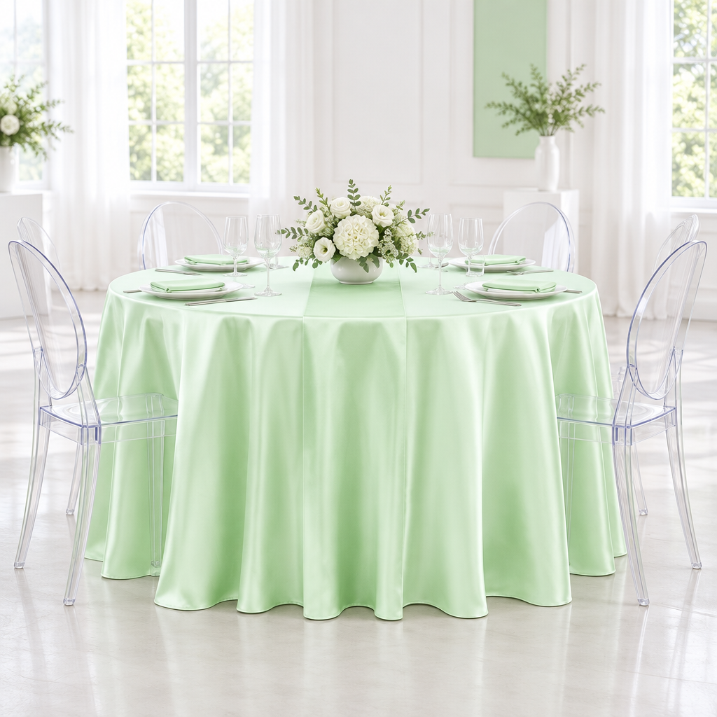Satin 132" Round Tablecloth - Mint Green.