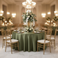 Satin 132" Round Tablecloth - Willow Green with Chiavari Gold Chairs.