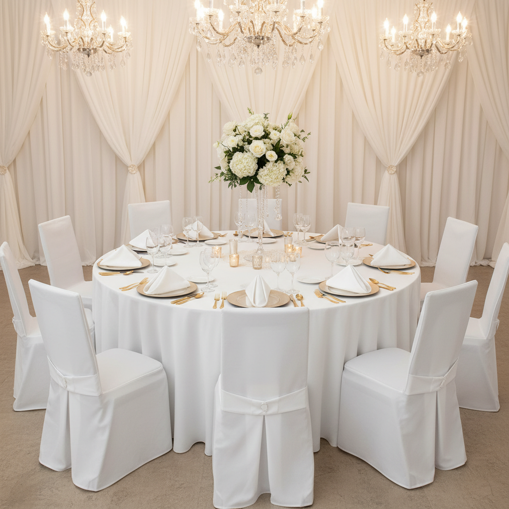 Satin Napkin 20"x20" - Ivory with White Chairs.