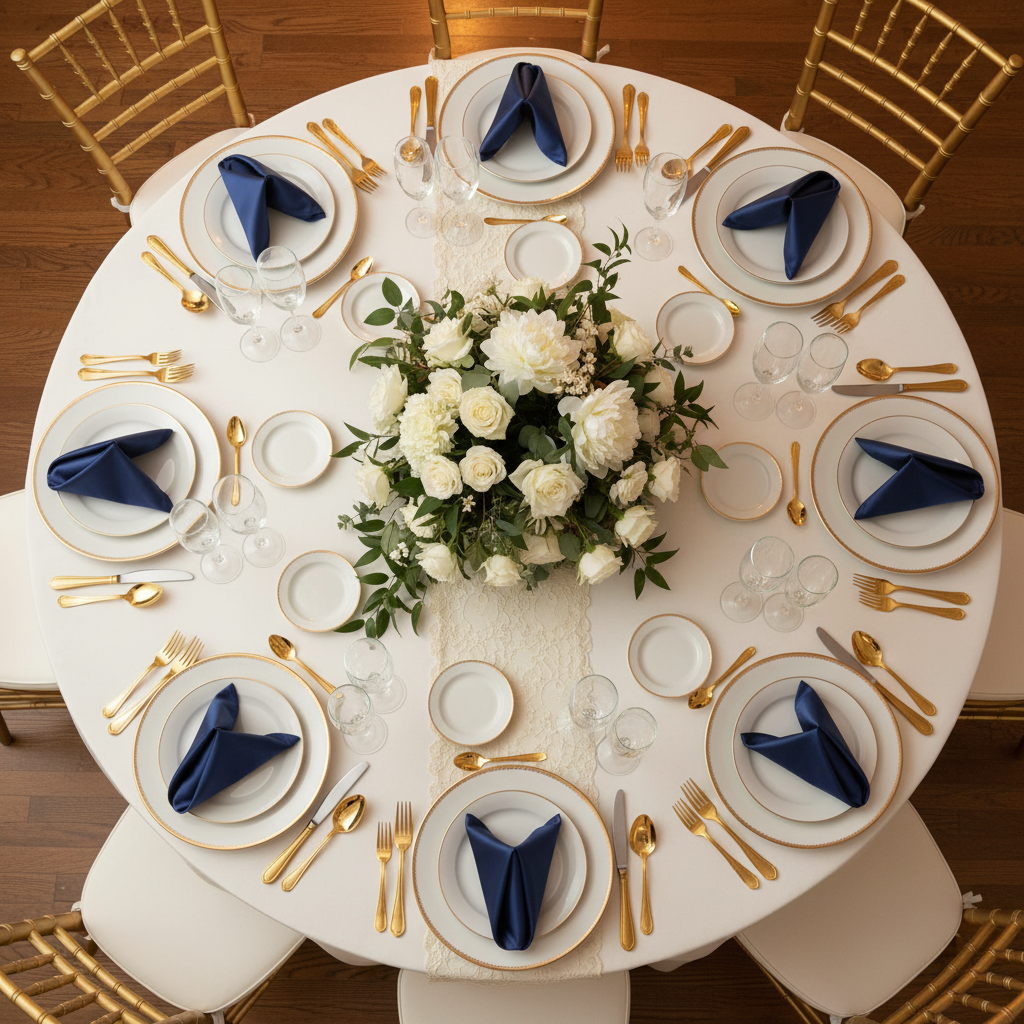 Satin Napkin 20"x20" - Navy Blue with Chiavari Gold Chairs in Bird's Eye View