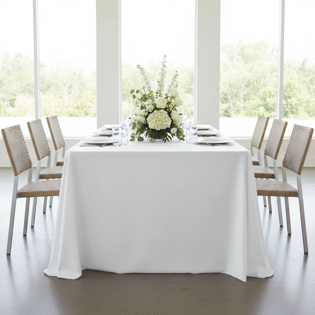 Scuba 90"x132" Rectangular Oblong Tablecloth - White in Modern Reception.