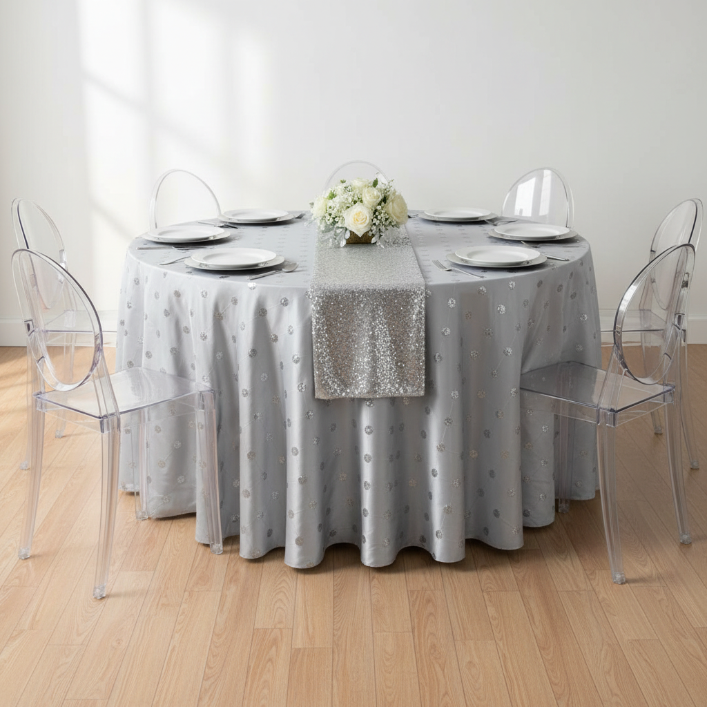 Sequin Embroidery Taffeta 120" Round Tablecloth - Silver.
