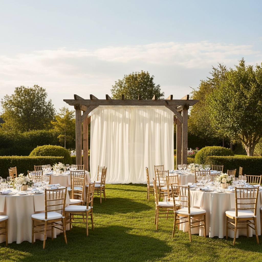 Sheer Voile Flame Retardant (FR) 10ft H x 118" W Drape/Backdrop Curtain Panel - Ivory in Outdoor Reception.