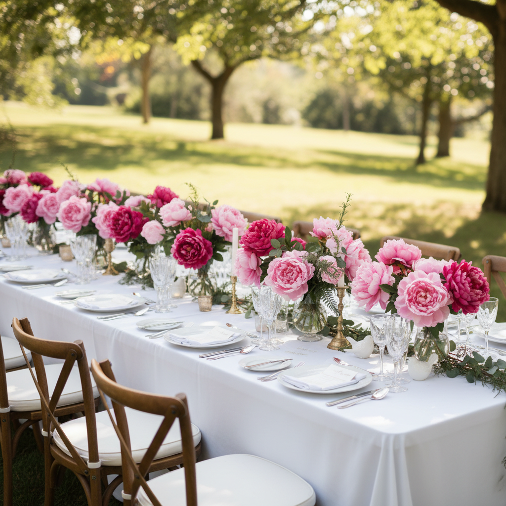Silk Artificial Peony Flower Bush Bundle - Pink in Outdoor Reception.